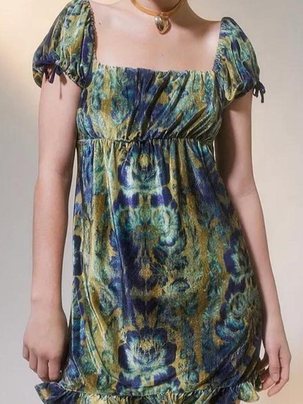 Kimchi Blue Blue and Gold Floral Puff Sleeve Mini Dress